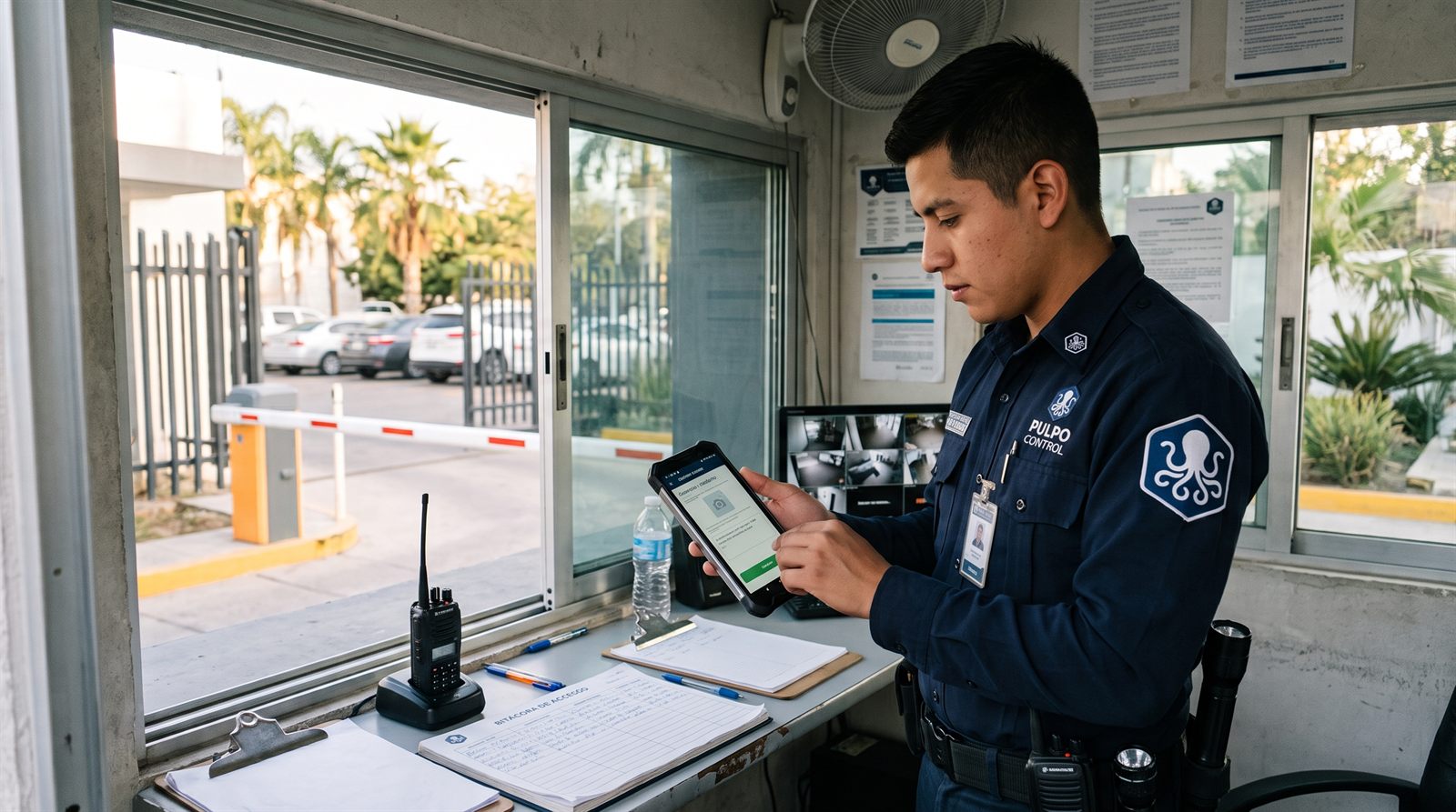 Guardia en caseta registrando la bitácora de acceso en tablet