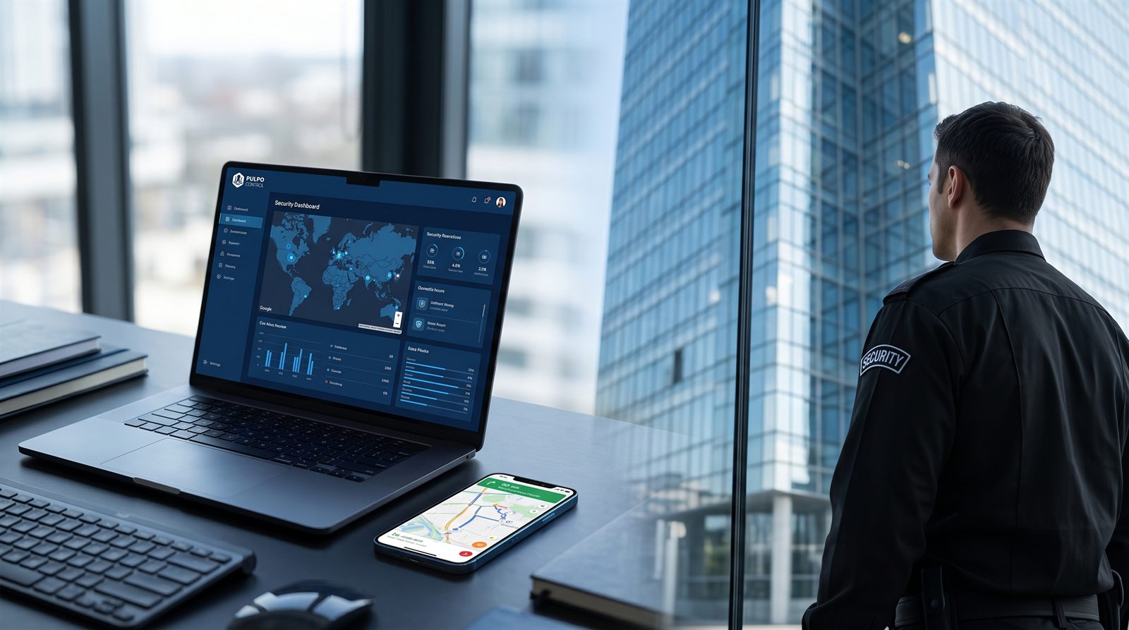 Laptop y smartphone con Pulpo Control mostrando mapa de seguridad y ruta de guardia