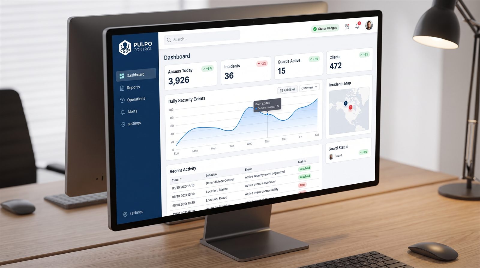 Monitor de escritorio con el dashboard de Pulpo Control
