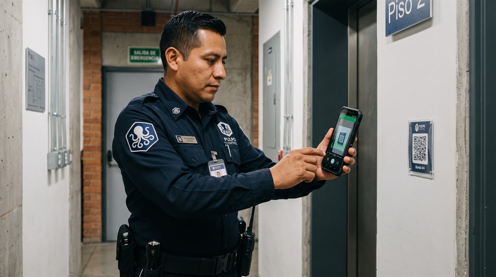 Guardia escaneando código QR de punto de ronda con su smartphone